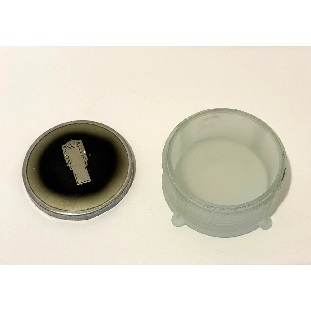 Vintage Art Deco Powder Jar Frosted Glass Metal Lid Skyscraper Vanity Trinket